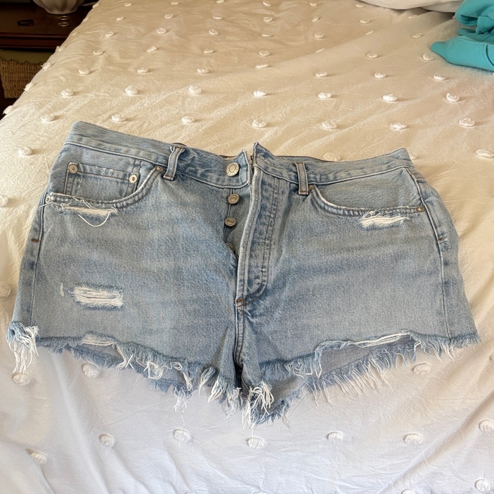 Agolde Light Blue Distressed Denim Cutoff Shorts
